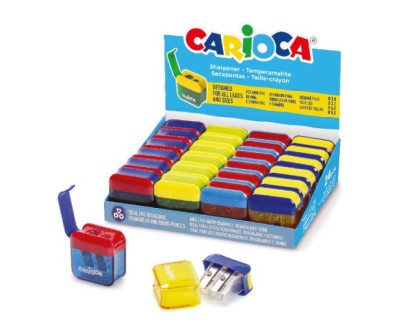 Carioca Expositor con 24 Minisacapuntas de 2 Orificios con Deposito - Tapon de Seguridad en la Cuchilla - Colores Aleatorios Surtidos