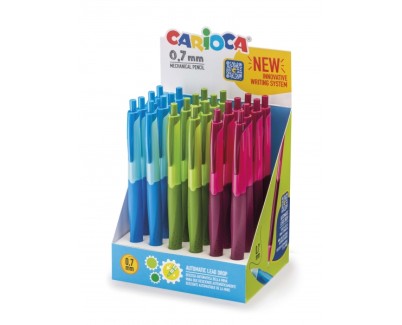Carioca Expositor de 24 Portaminas Automaticos - Punta Mina de &Oslash; 0.7mm - Descenso de la Mina Automatico - Empu&ntilde;adura Antibacteriana - Kit de Carga con 20 Minas - Color Varios