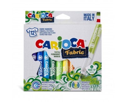 Carioca Fabric Pack de 12 Rotuladores para Tejidos - Punta Maxi Ø 6mm - Tinta Especial para Tejidos - Colores Indelebles - Planchar para Mayor Duracion y Brillo - Color Varios