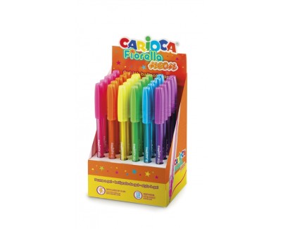 Carioca Fiorella Expositor de 30 Boligrafos Neon - Punta de Esfera - Cuerpo Transparente Fluo - Escritura Brillante y Colorida - Color Varios