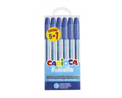 Carioca Fiorella Pack 5+1 Boligrafos Punta de Bola &Oslash; 1mm - Cuerpo Transparente - Escritura Brillante y Colorida - Color Azul