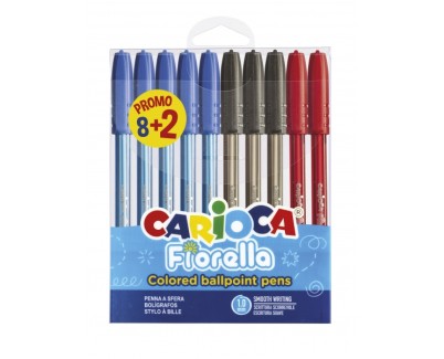 Carioca Fiorella Pack 8+2 Boligrafos Punta de Bola &Oslash; 1mm - Cuerpo Transparente - Escritura Brillante y Colorida - Colores Surtidos