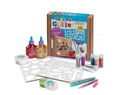 Carioca Glitter Creator Pack de 13 Productos Glitter y 26 Plantillas - 2 Botellitas de Glitter Glue - 2 Botes de Pasta de Modelar Elastica Glitter Clay - 3 Rotuladores Glitter - 6 Purpurinas Glitter Dust - Color Varios
