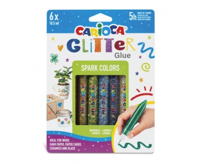 Carioca Glitter Glue Base Blister de 6 Tubitos de Cola de Color - Efecto Glitter - Aplicacion Directa - Secado en 30 Minutos - Color Varios