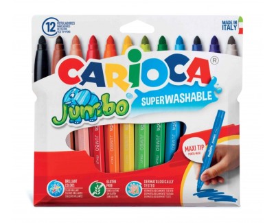 Carioca Jumbo Pack de 12 Rotuladores - Cuerpo Octogonal Maxi - Tinta Superlavable - Punta Maxi 6mm Bloqueada - Tapa Ventilada - Color Varios