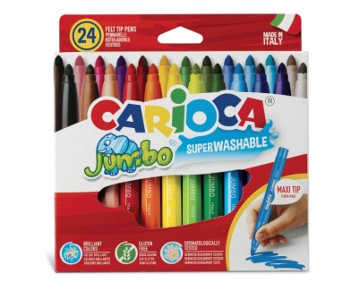 Carioca Jumbo Pack de 24 Rotuladores - Cuerpo Octogonal Maxi - Tinta Superlavable - Punta Maxi 6mm Bloqueada - Tapa Ventilada - Color Varios