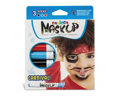 Carioca Mask Up Carnival Pack de 3 Colores para la Piel en Barra - Colores Brillantes - Lavables - Base Agua - Incluye 2 Tutoriales Paso a Paso - Colores Rojo, Azul y Negro