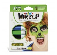 Carioca Mask Up Monsters Pack de 3 Colores para la Piel en Barra - Colores Brillantes - Lavables y Base Agua - Incluye Dos Tutoriales Paso a Paso - Colores Azul, Verde y Negro