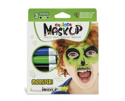 Carioca Mask Up Monsters Pack de 3 Colores para la Piel en Barra - Colores Brillantes - Lavables y Base Agua - Incluye Dos Tutoriales Paso a Paso - Colores Azul, Verde y Negro