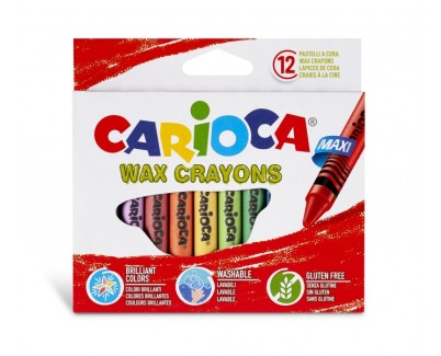 Carioca Maxi Pack de 12 Ceras - Colores Brillantes - Lavables - Cuerpo de Ø 12mm - Color Varios