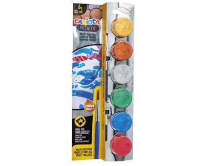 Carioca Metallic Pack de 6 Temperas en Botes de 25ml + Pincel - Superlavables - Mezclables - Colores Metallic Surtidos