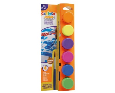 Carioca Neon Pack de 6 Temperas en Botes de 25ml + Pincel - Superlavables - Mezclables - Colores Neon Surtidos