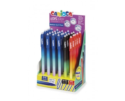 Carioca Oops Easy Expositor de 30 Boligrafos Borrables - Tinta Termo Sensible - Cuerpo con Efecto Degradado - Punta de 0.7mm - Doble Goma - Color Varios