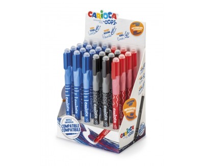 Carioca Oops Expositor de 24 Boligrafos Borrables - Tinta Termo Sensible - Empuñadura Ergonomica Triangular - Punta de Ø 0.7mm - Doble Goma - Recambios Compatibles - Colores Surtidos