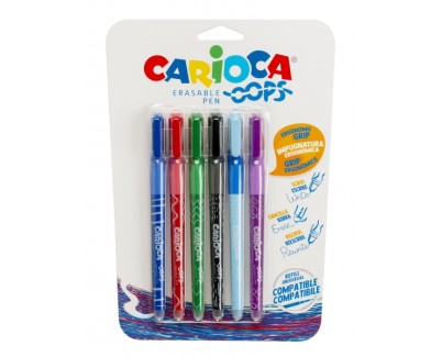 Carioca Oops Pack de 6 Boligrafos Borrables - Tinta Termo Sensible - Empu&ntilde;adura Ergonomica Triangular - Punta de 0.7mm - Doble Goma - Recambios Compatibles - Color Varios