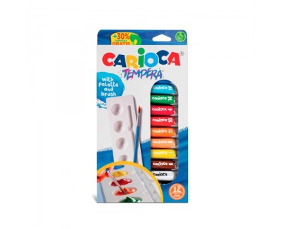 Carioca Pack de 12 Tubitos de Tempera 10ml + Pincel y Paleta - Alto Poder Cubriente - Aplicable en Materiales Porosos - Colores Surtidos