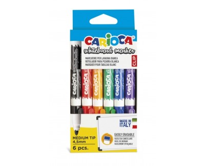 Carioca Pack de 6 Rotuladores para Pizarra Blanca - Punta de Ø 4.5mm - Tapa con Clip - Se Borra Facilmente y Se Seca Rapidamente - Colores Surtidos