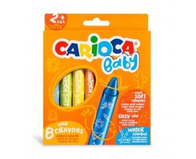 Carioca Pack de 8 Ceras Baby 2+ - Super Suaves - Gran Dimension para Facil Agarre - Escritura Suave - Colores Brillantes y Lavables - Acuarelables con Agua y Pincel - Color Varios