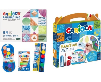 Carioca Painting Set Pack con 12 Acuarelas, 6 Temperas y 6 Temperas Solidas + Bloc con 20 Hojas A4 - Colores Surtidos