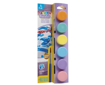 Carioca Pastel Pack de 6 Temperas en Botes de 25ml + Pincel - Superlavables - Mezclables - Colores Pastel Surtidos