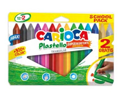 Carioca Plastello Maxi Pack de 12+2 Plasticeras Triangulares - Brillantes y Lavables - Colores Surtidos