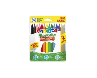 Carioca Plastello Pack de 12+2 Plasticeras  - Extra Limpias - No Dejan Color en las Manos - Faciles de Afilar - Colores Surtidos Brillantes y Lavables