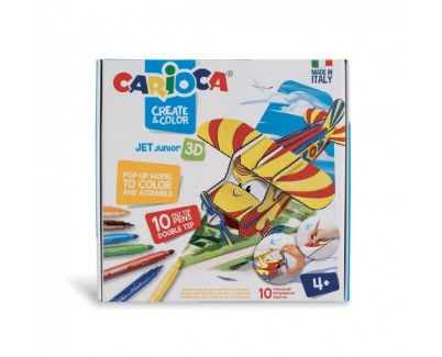 Carioca Pop-Up Jet Junior Modelos para Colorear y Construir + 10 Rotuladores Doble Punta Colores Surtidos - Aventura con Nuevos Compañeros de Viaje