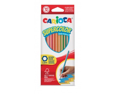 Carioca Supercolor Pack de 12 Lapices de Colores - Cuerpo de Madera Hexagonal - Colores Intensos y Gran Opacidad - Mina de 3.3mm - Colores Surtidos