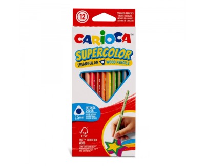 Carioca Supercolor Pack de 12 Lapices de Colores - Cuerpo de Madera Triangular - Colores Intensos y Gran Opacidad - Mina de 3.5mm - Colores Surtidos