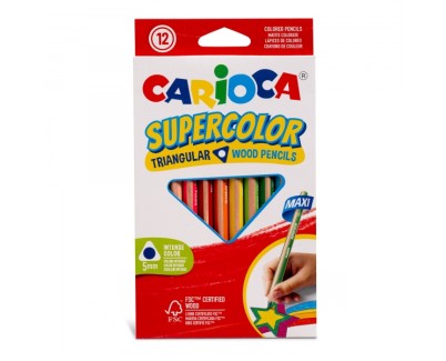 Carioca Supercolor Pack de 12 Lapices de Madera - Cuerpo Triangular Maxi - Colores Intensos y Gran Opacidad - Lapizgrueso &Oslash; 5mm - Color Varios