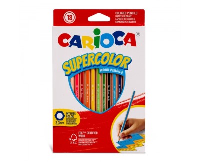 Carioca Supercolor Pack de 18 Lapices de Colores - Cuerpo de Madera Hexagonal - Colores Intensos y Gran Opacidad - Mina de 3.3mm - Colores Surtidos