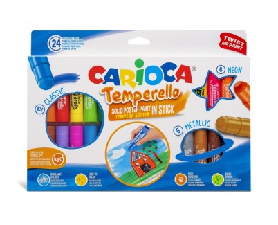 Carioca Temperello Pack de 24 Temperas Solidas - Colores Brillantes y Lavables - Gran Cobertura - Faciles de Mezclar - Sin Disolventes - Acabado Satinado - Colores Surtidos