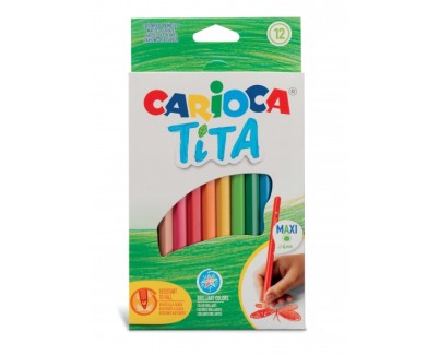 Carioca Tita Maxi Pack de 12 Lapices de Resina - Colores Brillantes y Lavables - Escritura Blanda - Mina Ø 4mm Segura y Resistente - No Se Astilla si Se Rompe - Color Varios