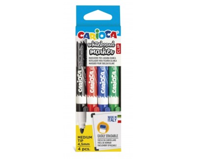 Carioca Whiteboard Clip Pack de 4 Rotuladores Borrables para Pizarras Blancas - Punta Media - Punta de Ø 4.5mm - Tapa con Clip - Secado Rapido - Color Varios