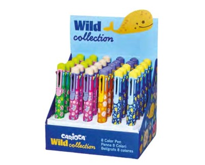 Carioca Wild Collection Expositor con 30 Boligrafos de 8 Colores - Punta 1mm - Divertidos Dise&ntilde;os de Animales - Clip de Sujeccion