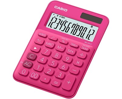 Casio MS-7UC Calculadora de Escritorio - Tecla Doble Cero - Pantalla LCD de 10 Digitos - Solar y Pilas - Color Rojo