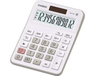 Casio MX-12B Calculadora de Escritorio Pequeña - Pantalla LCD de 12 Digitos - Solar y Pilas - Color Blanco