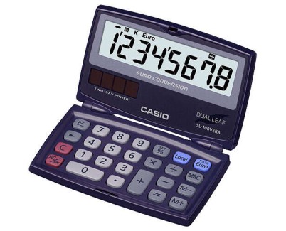 Casio SL-100VERA Calculadora de Bolsillo Tipo Concha - Pantalla LC Extragrande de 8 Digitos - Funcion Conversor de Euros - Color Azul Oscuro