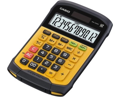 Casio WM-320T Calculadora de Sobremesa de 12 Digitos - Teclado Desprendible y Lavable IP54 - Pantalla Grande - Simbolos de Comando de Funcion - Alimentacion Solar y Pilas - Color Amarillo/Negro