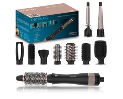 Cecotec Bamba CeramicCare 10in1 Styler Cepillo Alisador 10 en 1 - Potencia 1500W - Revestimiento Ceramico - Funcion Aire Frio - Cable Giratorio 360&deg; - Cabezales Surtidos - Color Negro