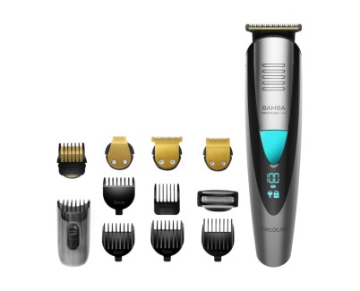Cecotec Bamba PrecisionCare Pro Afeitadora Recortadora 5 en 1 - IPX7 - Cuchillas Titanio - Bateria 500mAh - Uso Inalambrico y con Cable - Pantalla Digital - Peines Ajustables - Color Gris