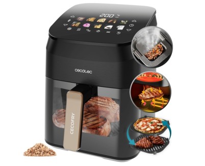 Cecotec Cecofry and Grill Smokin\' 4500 Freidora sin Aceite 3 en 1 - 1900W - Ahumador Integrado - Coccion Rapida y Uniforme - Capacidad 4.5L - 10 Menus Automaticos - Control Visual - Color Negro