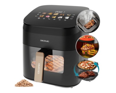 Cecotec Cecofry and Grill Smokin\' 6500 Freidora de Aire - 2200W - Capacidad 6.5L - Temperatura Regulable hasta 200&ordm;C - Ahumador Integrado - Ventana de Visualizacion - Color Negro