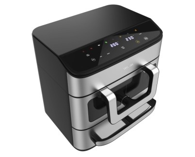 Cecotec Cecofry FoodCourt 18000 4Pizza + Horno de 18L y Freidora de Aire de 9L - 2700W - Acero Inoxidable - Piedra para Pizza - Pared Divisoria - Color Negro y Plata