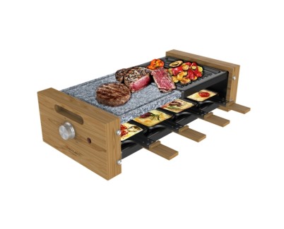 Cecotec Cheese and Grill 8400 Wood MixGrill Raclette - 1200W - 8 Sartenes Antiadherentes - Grill y Plancha - Termostato - Placas Antiadherentes de Acero y Piedra Extraibles - Color Madera Claro