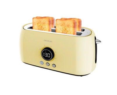 Cecotec ClassicToast 15000 Tostadora de Doble Ranura Larga - 1500W - Capacidad para 4 Rebanadas - Ranura Ancha - 3 Funciones - Extra Elevacion - Autocentrado - Bandeja Recogemigas - Color Amarillo Pastel