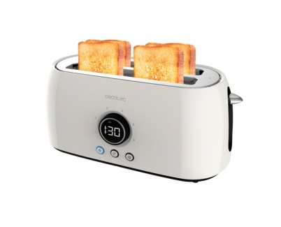 Cecotec ClassicToast 15000 Tostadora de Doble Ranura Larga - 1500W - Pantalla Digital - Ranura Ancha - 3 Funciones - 6 Niveles - Extra Elevacion - Autocentrado - Bandeja Recogemigas - Color Blanco