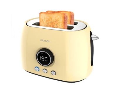 Cecotec ClassicToast 8000 Tostadora de Doble Ranura - 800W - Pantalla Digital - Ranura Ancha - 3 Funciones - Calienta Panecillos - 6 Niveles - Extra Elevacion - Autocentrado - Color Amarillo Pastel