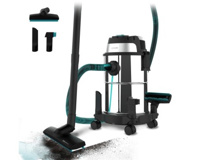 Cecotec Conga Rockstar Wet and Dry Steel Aspirador de Trineo para Solidos y Liquidos - 1200W - Carcasa Metalica - Deposito de 16L - Funcion de Soplado - Incluye Accesorios Multiples - Acero Inoxidable