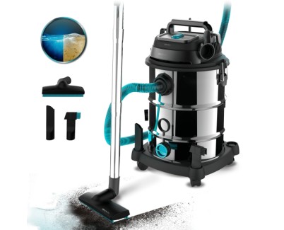Cecotec Conga Rockstar Wet and Dry Steel Pro Aspirador de Trineo para Solidos y Liquidos - 1600W - Deposito 30L - Funcion de Soplado - Filtros Duales - Ruedas de Goma - Acero Inoxidable
